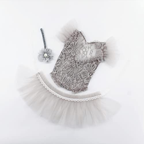 Newborn Photography Props Outfits Princess Baby Girl Pearl Lace Rompers Headdress Infant Baby Girl Photoshoot Costume - color: Gray