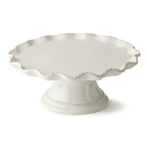 Heritage Scroll Footed Cake Plate – Elegant 11.5" x 4.75" Ivory Stoneware Pedestal Stand with Sculpted Rim – Display Cakes, Cupcakes, Pies & Pastries in Timeless Style