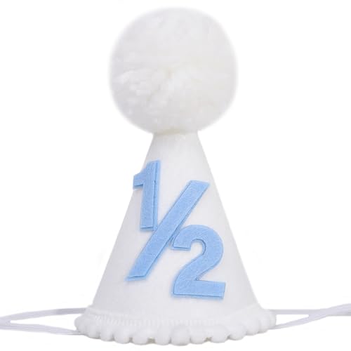 White 1/2 Birthday Hat - Half Birthday Decorations,White Hat with Pink or Blue Number,Sweet 6 Months Party Headwear - color: Blue 1/2 Hat