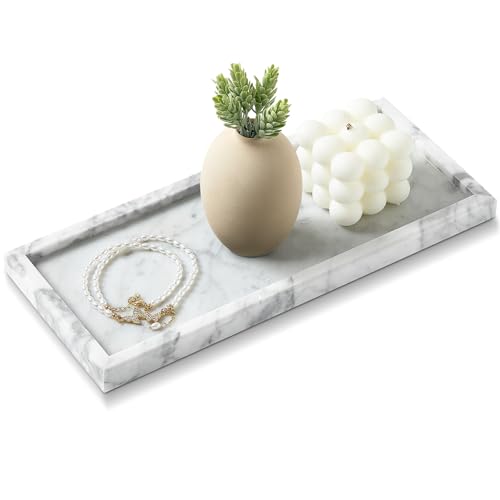 Natural Marble Vanity Tray, Luxury Stone Organizer for Bathroom & Kitchen Counter | Holds Soap Dispenser, Jewelry, Perfume | Non-Resin, Non-Ceramic Décor - color: White, size: 11.8" x 5.1" x 0.8"
