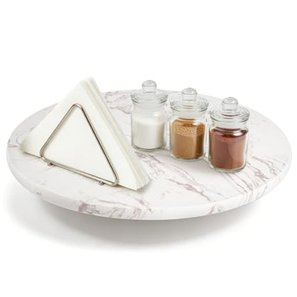 DEAYOU Marble Lazy Susan, Natural Marble Round Tray Turntable Cake Stand, 12" Lazy Susan Cheese Board with Silent Rotating for Serving, Table Display, Cupcake, White, Revolving Cake Leveler Spinner