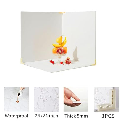 BEIYANG Food Photography Backdrops 24x24 Inch Marble Photo Backdrop Boards 3PCS White Photography Backdrop Boards with 3 Bracket Kits Soild Board Waterproof Backdrop for Food Photography - color: 3PCS