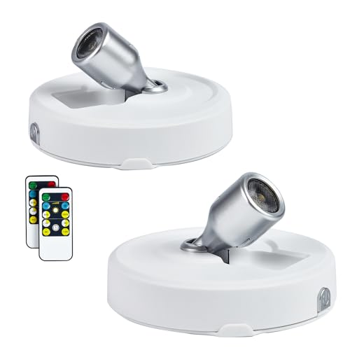 Wireless Spot Light, Battery Operated Picture Lights Mini Accent Lights Indoor with Remote, Dimmable LED Spotlight Stick on Anywhere Rotatable Wall Light for Paintings Artwork (2 Pack) - color: White Silver, size: 2 Pack