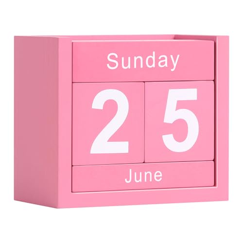Wooden Block Calendar for Desk, Daily Desktop Perpetual Desk Calendar, Cute Date Display Blocks Desk Accessory for Home Office Decor, Teacher, Classroom, Reusable Yearly, Pink - color: Pink