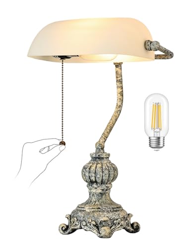Retro White Matted Glass Bankers Desk Lamp for Home Office,Library with Pull Chain Switch Plug in Fixture, LED Bulb Included - color: Antique+White
