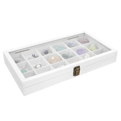 MOOCA Wooden Display Storage Case with Tempered Glass Lid for Jewelry and Beads with 18 Compartments Tray, 15 W x 8 3/8 L x 2 1/8 H in, Wash White Color - color: Wash White