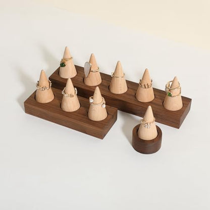 Wooden ring organizer holder for jewelry, Stable ring display stand for boutique store, walnut base with white ring cones for jewelry selling【Ring holder-Cone 3】 - style: Three Cone