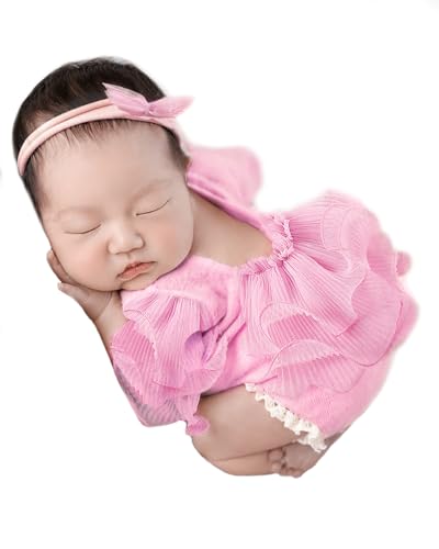Newborn Photography Outfits Girl Baby Photo Tutu Dress Newborn Photoshoot Romper Baby Picture Lace Outfit - color: Pink1