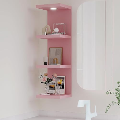 LitaEther Versatile 4 Tier Wall Shelf Unit,Pink Lack Wall Shelf,Display Floating Shelf with LED Remote Control Light - color: Pink, size: 4 Tier