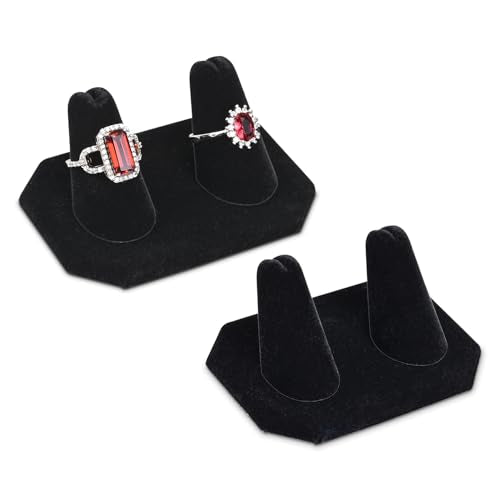 MOOCA 2 Pcs Set 2-Ring Organizer for Showcase Display Ring Finger Holder Jewelry Display Stands Showcase Jewelry Storage Counter, Black Velvet, 3 W x 2 1/8 D x 1 1/4 H inch - color: Black Velvet, Short Finger