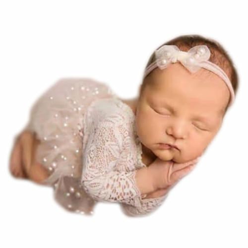 Baby Photography Props Outfit Lace Rompers Newborn Girl Photo Shoot Outfits Flower Headband Princess Costume - color: White B