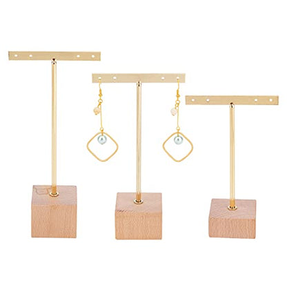 FINGERINSPIRE 3 Pcs Gold Metal T Bar Earring Display Stand with Wooden Square Base 4 Holes Jewelry Holders Hanging Earring Organizer for Store Retail Photography Props（4.7 & 5.5 &6.3 inch Height） - color: Gold- Wood Square Base, 4 Holes
