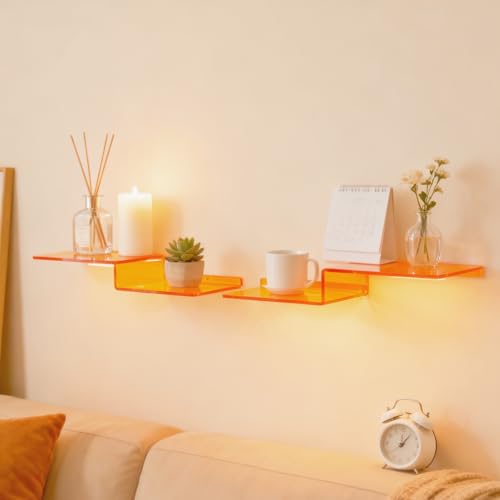 SetGame 2-Pack Acrylic Shelves Z-Shaped Display Stand Wall Mounted, 12 Inch Wall Storage Organizer for Toys, Books, Plants, Photos Album, Suit for Office, Living Room, Room Decor (Orange) - color: Orange