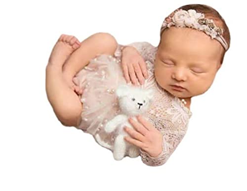 Baby Photography Props Outfit Lace Rompers Newborn Girl Photo Shoot Outfits Flower Headband Princess Costume - color: White B
