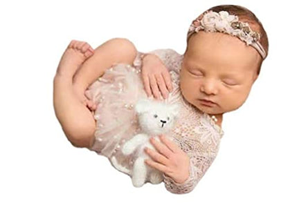 Baby Photography Props Outfit Lace Rompers Newborn Girl Photo Shoot Outfits Flower Headband Princess Costume - color: White B