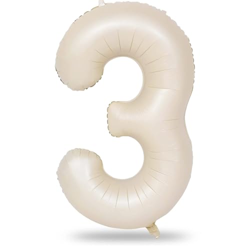40 Inch Beige Large Numbers Balloons 3, Self Inflating Ivory White Digit 3 Helium Balloons for 3rd Girls, Cream Foil Mylar Number Balloons 0-9 for Women Birthday Party Anniversary Supplies Decorations - color: Cream, size: Number 3