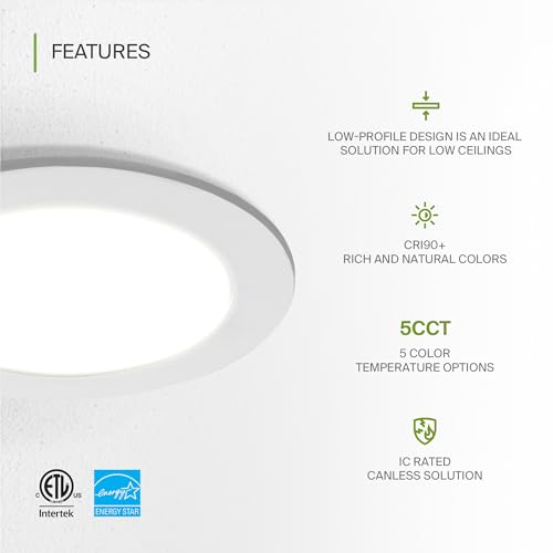 ASD 6 Pack LED Recessed Lighting 4 Inch 12W, 5 CCT 2700K-5000K CRI90+, IC Rated Ultra Thin Dimmable Ceiling Lights with J Box, Canless Wafer Downlight, Round Slim Panel Light, Energy Star ETL, White - color: White, size: 4 Inch 6 Pack