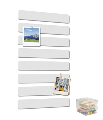 Cork Board Strips for Walls, 13" x 2" Felt Bulletin Board Bar Strip, 8 Pack Long Pin Board with Push Pins and Clips for Picture Photos, White - color: White