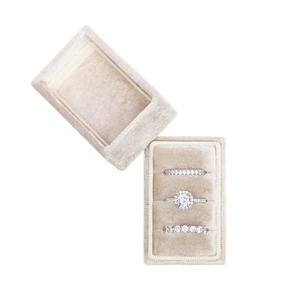 Rectangle 3 Slots Italian Velvet Jewelry Box Engagement Wedding Photo Ring Box Keepsake Box Triple Ring Gift Box (Champagne) - color: Champagne