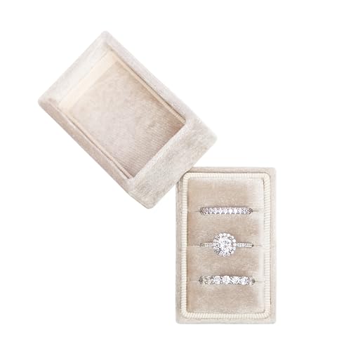 Rectangle 3 Slots Italian Velvet Jewelry Box Engagement Wedding Photo Ring Box Keepsake Box Triple Ring Gift Box (Champagne) - color: Champagne