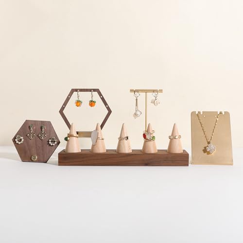 Wooden ring organizer holder for jewelry, Stable ring display stand for boutique store, walnut base with white ring cones for jewelry selling【Ring holder-Cone 5】 - style: Five Cone