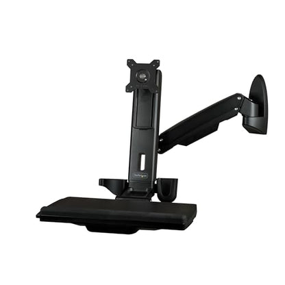 StarTech.com Wall Mount Workstation - Articulating Full Motion Standing Desk with Ergonomic Height Adjustable Monitor & Keyboard Tray Arm - Mouse & Scanner Holders - Single VESA Display, TAA - color: Black, style: Wall Mount – Spring Arm