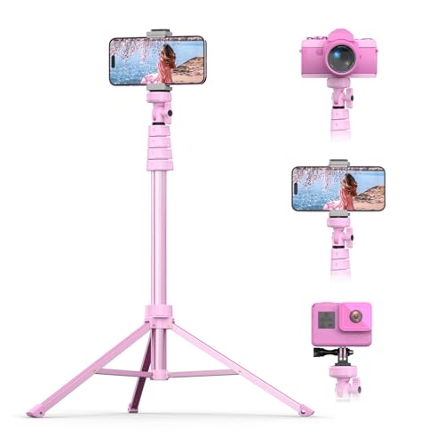 UBeesize 72" Phone Tripod & Selfie Stick, Camera Tripods Stand with Wireless Remote and Phone Holder,Compatible with iPhone Android Phone, Perfect for Selfies/Video Recording/Live Streaming Pink - color: Pink, size: 72in