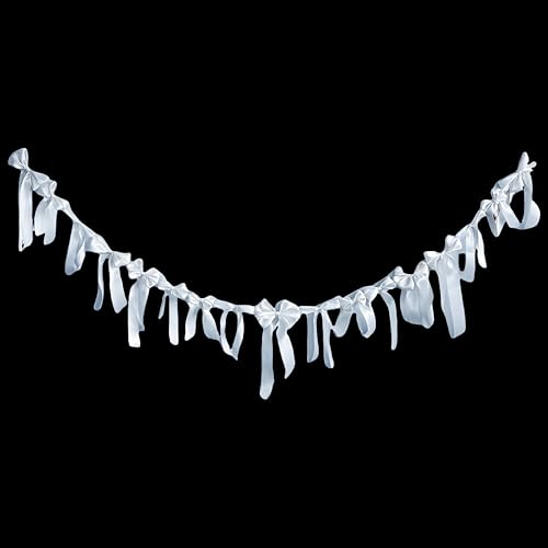 White Satin Bow Garland Banner Coquette Bachelorette Party Decor,Bridal Shower Backdrop,Wedding & Engagement Party Supplies,Birthday Decoration,Photo Booth Props(White) - color: White