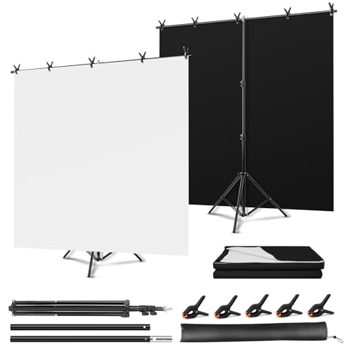 Black White Backdrop Screen with Stand Kit, 5 x 6.5 ft Photo Backdrop Kit, 2-in-1 Revisible Black Backdrop White Screen with T-Shaped Stand and 5 Clamps for Photography Party Decorations - size: Black and White 5 X 6.5 Ft