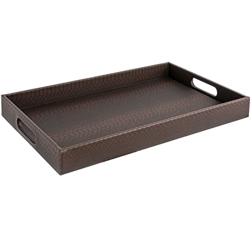 Modern 17.5"x12" Rectangle Brown Snake Faux Leather Decorative Tray Serving Tray with Handles Ottoman Coffee Table Dresser Living Room Kitchen Tray by Home Redefined for All Occasion's. - color: Brown