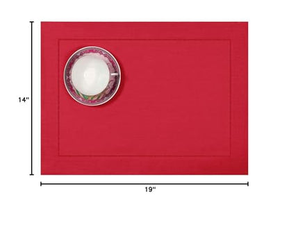 D'Moksha Homes Linen Placemats Set of 4 - Classic Hemstitch Bright Red Placemats 14 x 19 Inch - 100% Pure Linen Table Mats for Spring - Handcrafted and Machine Washable - color: 12 - Bright Red