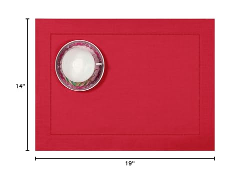 D'Moksha Homes Linen Placemats Set of 4 - Classic Hemstitch Bright Red Placemats 14 x 19 Inch - 100% Pure Linen Table Mats for Spring - Handcrafted and Machine Washable - color: 12 - Bright Red