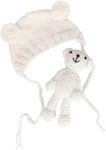 Newborn Baby Photo Shoot Props Boys Girls Crochet Knitted Hat Bear Hat Beanie with Bear Dolls Photography Props - color: White