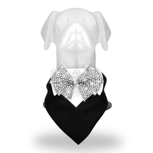 Dog Bandana Collar for Leashes Rhinestone Bow Tie Formal Tuxedo Pet Scarf Adjustable Neckwear with D Ring and Quick Release Buckle for Small Dogs Cats Wedding Birthday Party (Small) - size: Small