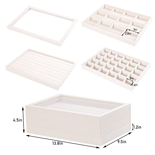 Coward Stackable Jewelry Trays Organizer Set with Clear Lid, Trays for Drawer, Earring Necklace Bracelet Ring Display Organizer (beige(ring+12girds+30girds+The glass lid)) - color: Beige Velvet, size: Ring+12grids+30grids+lid