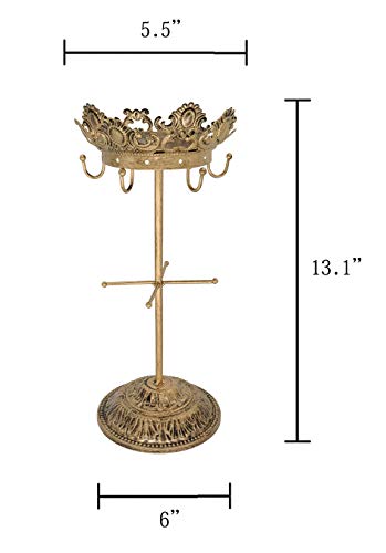Vintage Crown Jewelry Tower Organizer - 13.1" Metal Jewelry Tree Stand, 6 Hooks, 12 Earring Holes & Bracelet Bars, Decorative Jewelry Display Holder for Necklaces, Earrings, Rings, Watches - Bronze - color: Rustic Bronze
