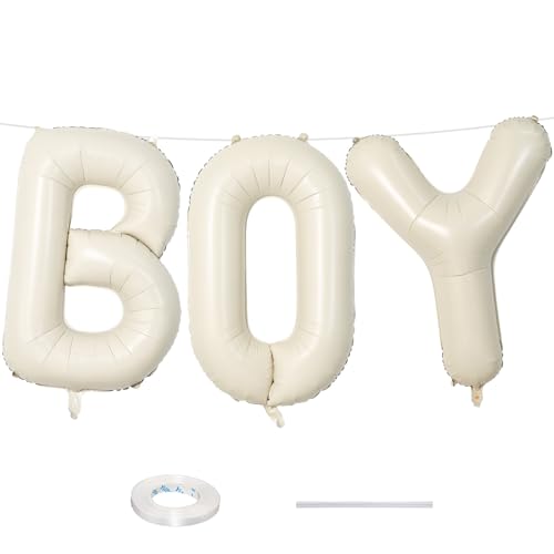 40 Inch Beige BOY Balloons, Large Cream White Sand BOY Balloon Letters with Ribbon, Ivory Alphabet Boy Balloon for Him Birthday Baby Boys Shower Boy or Girl Gender Reveal Party Decorations Supplies - color: Cream - Boy