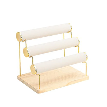 Bracelet Holder, Bracelet Displays for Vendors, 3 Tier Jewelry Organizer Stand for Selling, Jewelry Necklaces Storage Rack with Wood Base (Beige+Gold)