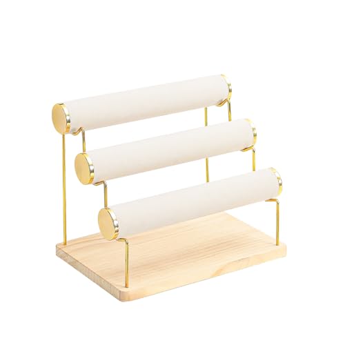 Bracelet Holder, Bracelet Displays for Vendors, 3 Tier Jewelry Organizer Stand for Selling, Jewelry Necklaces Storage Rack with Wood Base (Beige+Gold)