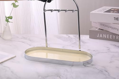 Shinpuru Metal Jewelry Organizer Stand & Key Holder Tray with Acrylic Base, Key Stand and Jewelry Tray with 5 Hooks, Perfect Key Bowl, Valet Key Tray, Ring Holder, Jewelry Dish (Silver Creamy) - color: Silver Creamy