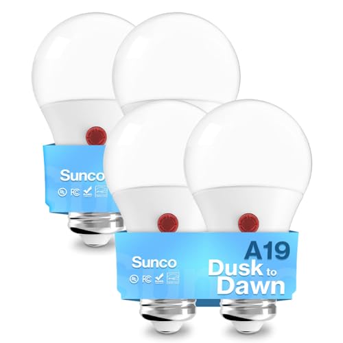 Sunco Dusk to Dawn LED Outdoor Light Bulb A19, Photocell Automatic for Exterior Lighting, 800 LM, 9W (60W Eqv.), 3000K Warm White, Auto On/Off Sensor, IP65 Rated UL 4 Pack - color: 3000k Warm White, size: 4 Count (Pack of 1)