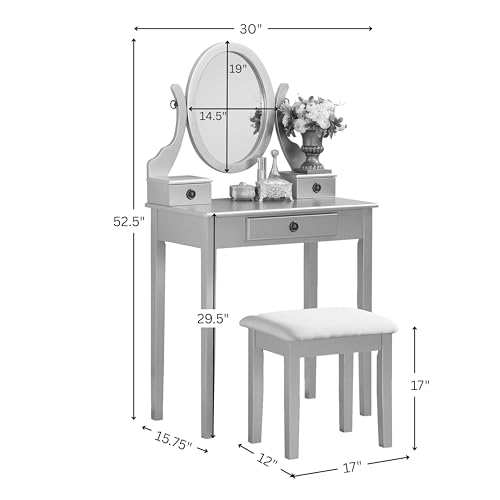 Roundhill Furniture Moniys Wood Makeup Vanity Table and Stool Set, Blue - color: Blue