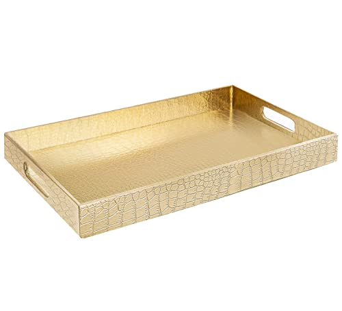 Home Redefined 17.5"x12" Gold Glossy Crocodile Faux Leather Serving Tray Beautiful Modern Elegant Decorative Tray with Handles Ottoman Coffee Table Tray for All Occasion's - color: Gold