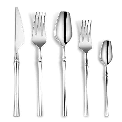 Lemeya 20-Piece Silverware Set for 4,Modern 18/10 Stainless Steel Flatware Set,Unique Rustic Cutlery Utensils Set,Spoon and Fork Set for Home, Restaurant,Wedding,Mirror Polished,Dishwasher Safe - color: Silver 20 Pieces Set with Tea Spoon