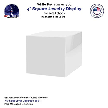 2 Pack 4" Acrylic Display Riser Box with One Open Side No Lid Versatile Glossy White Square Retail Merchandise Storage Bin or Product Platform No Assembly by Marketing Holders - size: 4"w x 4"h White