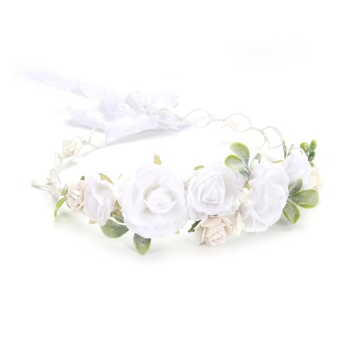White Flower Crown for Girls Floral Headpieces Kids Headband Wedding Halo Festivals Hair Pieces Boho Rose Children Hair Wreath Photo Prop (Bright White-Child Size) - color: Bright White