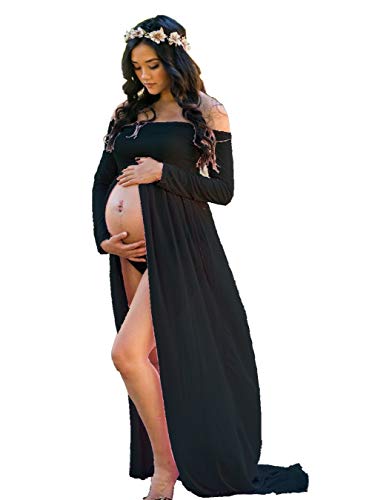 ZIUMUDY Maternity Maxi Chiffon Photography Dress Split Front Gown for Photoshoot - color: Black