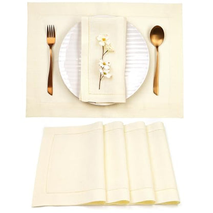 D'Moksha Homes Cream Linen Cloth Placemats Set of 4-100% Pure Linen Hemstitch Placemats 14 x 19 Inch - Classic Hemstitch Table Place Mats for Spring - Handcrafted and Machine Washable - color: 25 - Cream