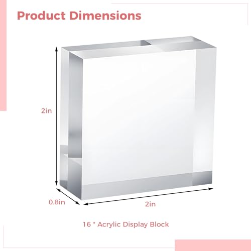 16 PCS Acrylic Display Block, 2 x 2 x 0.8 Inches Square, Clear Polished Cube Jewelry Display Stand