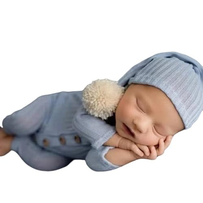 Newborn Baby Photo Shoot Props Girl Boy Crochet Knit Hat Costume Stripe Hat Pants Overalls Photography Props - color: Baby Blue